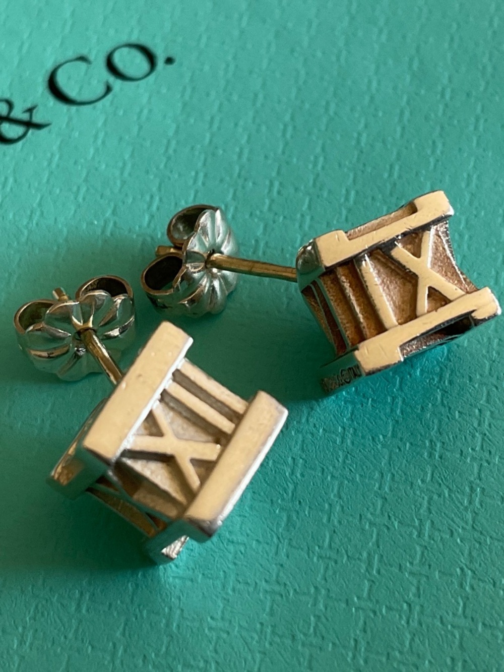 Tiffany & Co. Sterling Silver Roman Numeral IX Stud Earrings on Tiffany Blue - Picture 7 of 8